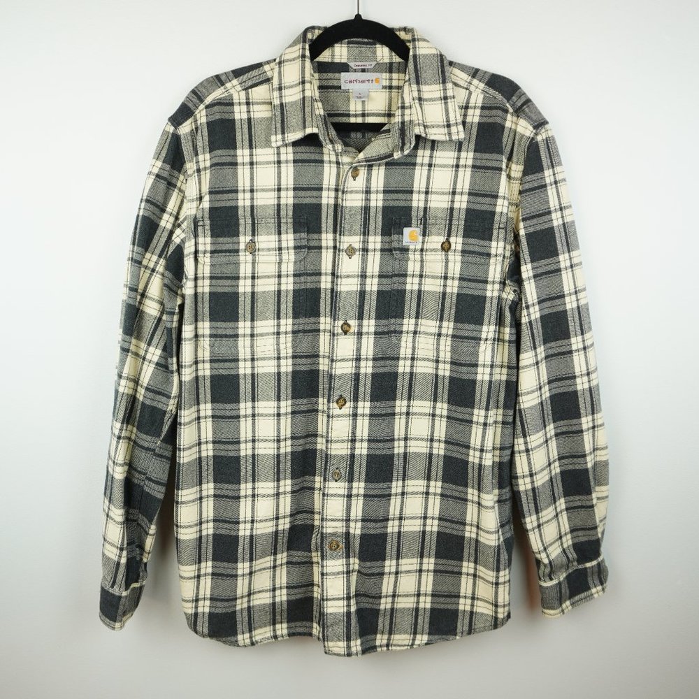 Carhartt Men's Original Fit Shirt Black Cream Plaid Button‎ Up Heavy Size Medium